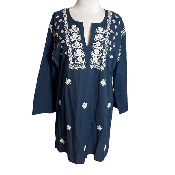 Madison Matthews hand embroidered tunic top navy white Sz L - Picture 1 of 7